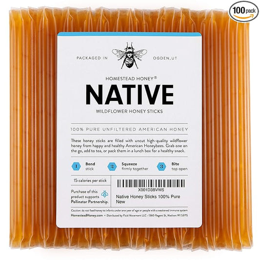 Homestead Honey Native Sticks 100 Count - Pure Wildflower - Individual Packets - Unfiltered Snack