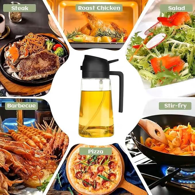 Oil Sprayer for Cooking 2 in 1, 470ml/16oz, Oil Spray & Dispenser Glass Bottle, Food-grade material