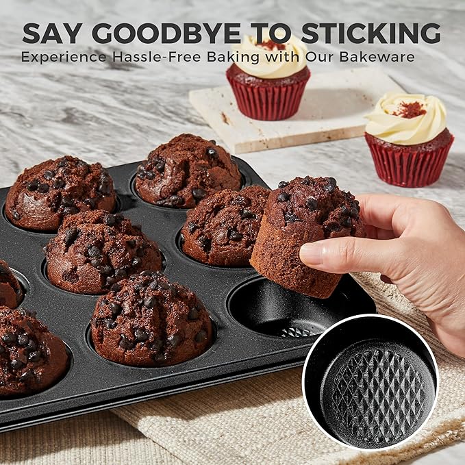 HONGBAKE 9-Piece Baking Pans Set Nonstick, Stackable Non Toxic Bakeware Sets with Diamond Texture