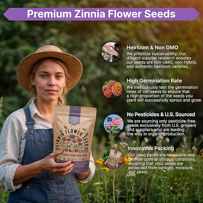 Zinnia Seeds Pack 4 oz - Over 15,300 Non-GMO Heirloom Zinnia Seeds for Planting, Annual Flowers in