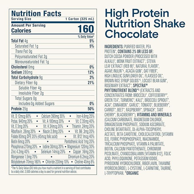 KATE FARMS Organic High Protein Chocolate Nutrition Shake, 25g Protein, 6g Fiber, 27 Vitamins and