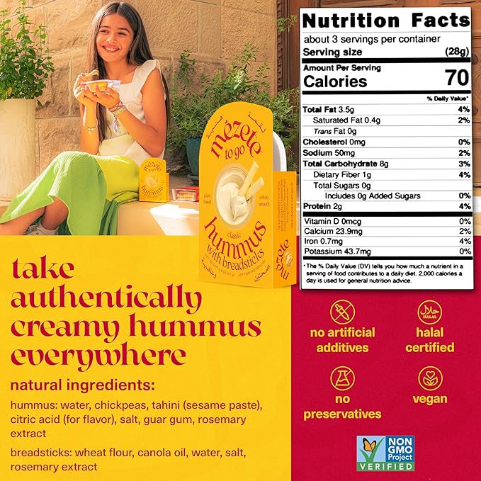 Mezete Traditional Hummus Dip with Breadsticks | Preservative-Free | All-Natural | On the Go Tahini