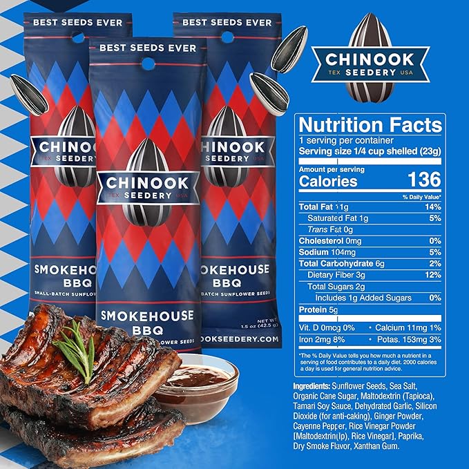 Chinook Seedery Roasted Sunflower Seeds to Eat - 1.5 oz (Pack of 36) Smokehouse BBQ - Jumbo Low