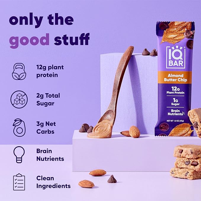IQBAR Brain and Body Plant Protein Bars - Almond Butter Chip - 36-Count Low Carb - Gluten Free