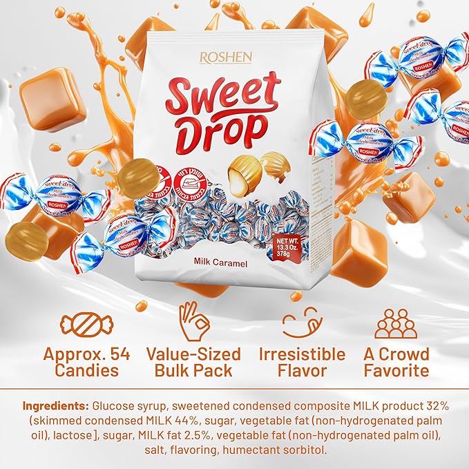 Roshen Caramel Candy Sweet Drop with Milky Filling, Delicious, Flavorful Sweets 378gr/13.33oz Pack