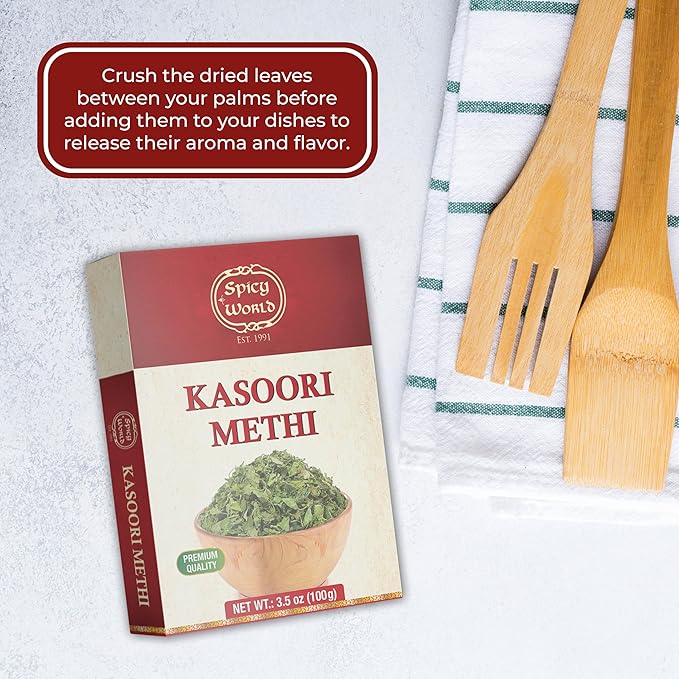 Spicy World Dried Fenugreek Leaves (Kasoori Methi) 3.5oz Box (100g) - All Natural | Vegan | Gluten