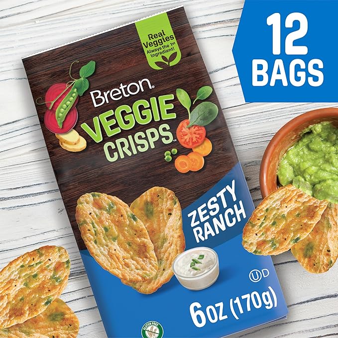 Breton Veggie Crisps Zesty Ranch (Pack of 12) - Popped not Fried Crisps, Made with Real Vegetables