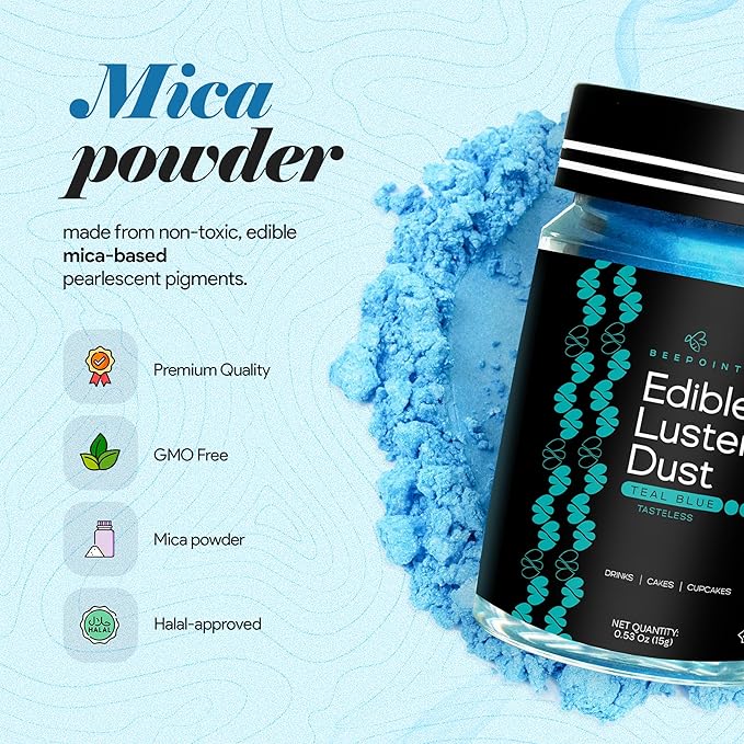 BeePoint Teal Blue Edible Luster Dust 15g - Food Grade, Vibrant Color Shimmer Powdered Dust for