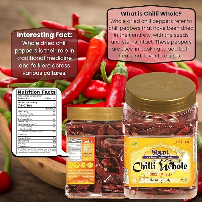 Rani Chilli Whole (Lal Mirch Sabut) 5oz (141g) PET Jar ~ All Natural, Salt-Free | Vegan | No Colors