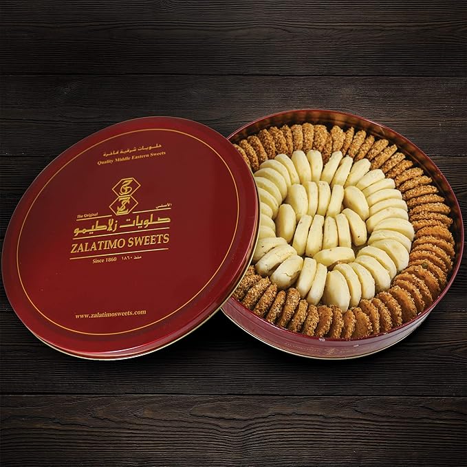Zalatimo Sweets Since 1860, 100% All-Natural Sesame & Butter Shortbread Cookies, Round Gift Tin