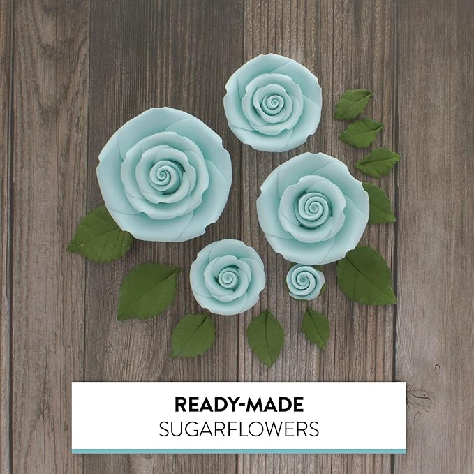 Global Sugar Art Exquisite Rose & Leaf Tray Sugar Cake Flowers, Blue Unwired, 5 Count by Chef Alan