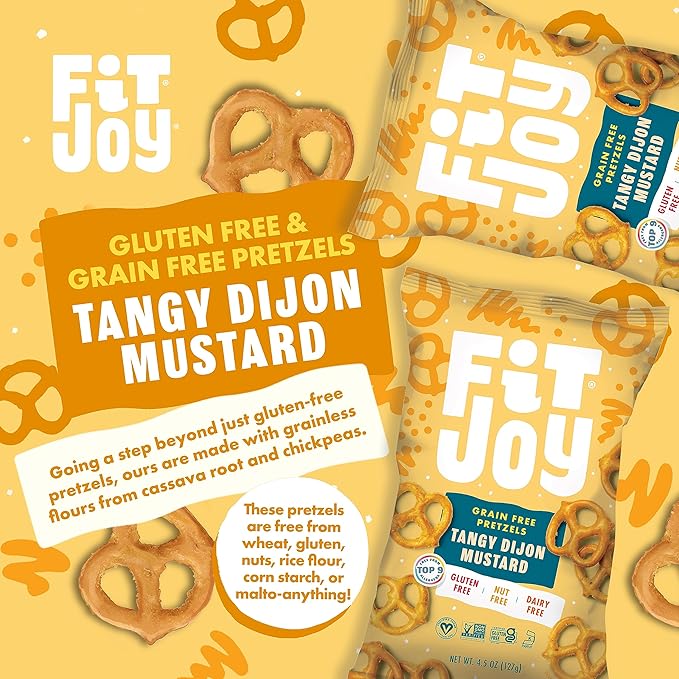 FitJoy Tangy Dijon Mustard Pretzels (Pack of 6, 4.5 Oz) - Dairy, Nut & Gluten Free Snacks - Grain