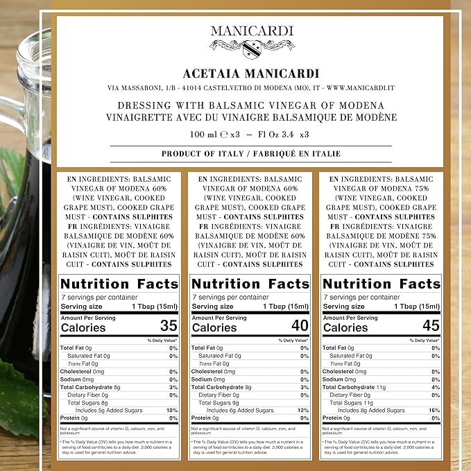 MANICARDI Set of 3 Condiments with Balsamic Vinegar of Modena PGI - Selected with Three Different