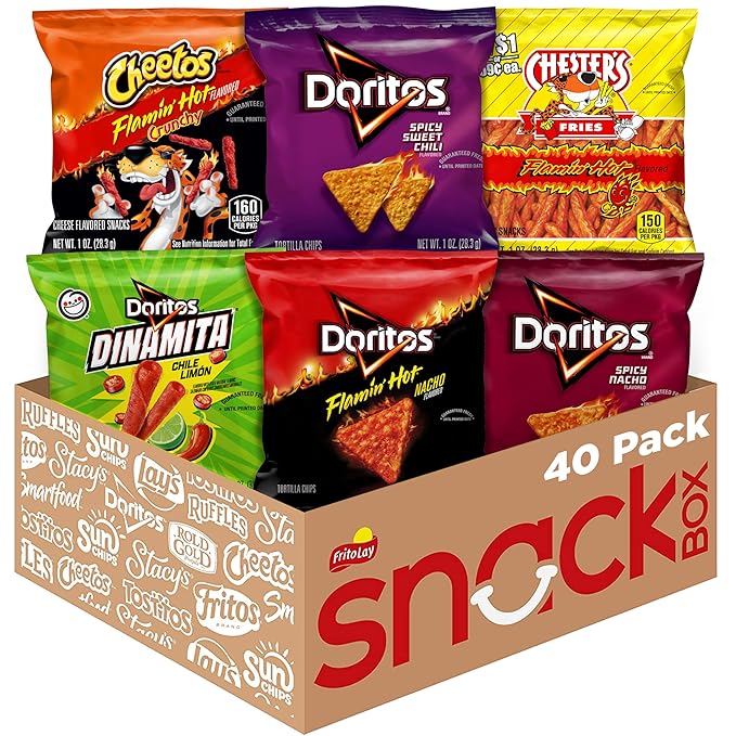 Frito Lay Fiery Mix Variety Pack, Hot & Spicy Snacks Single Serve Bags, (Pack of 40), Flamin' Hot