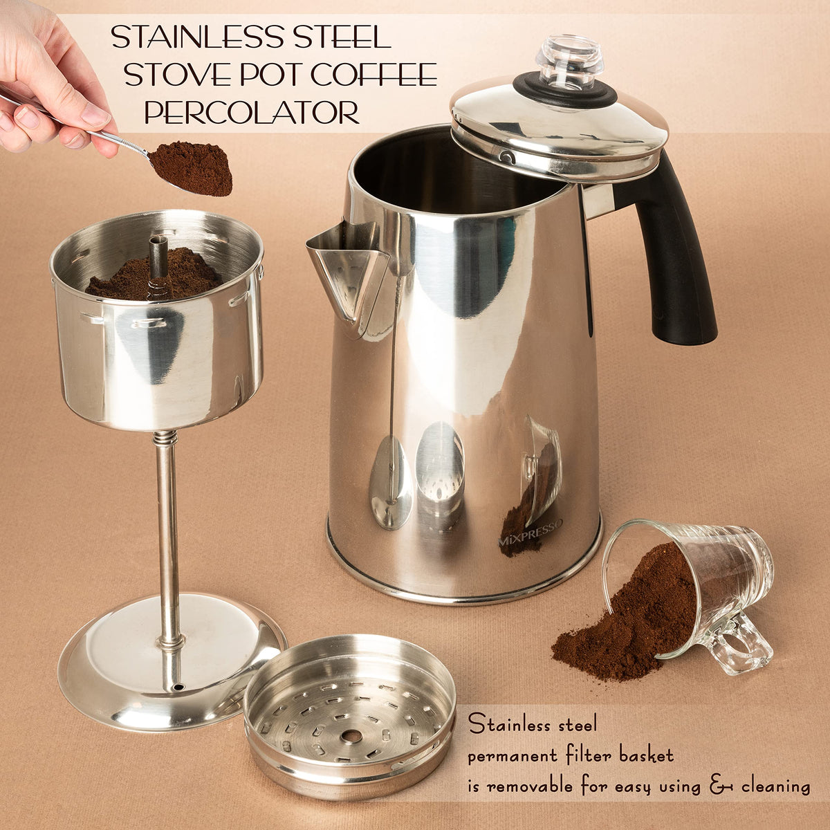 Mixpresso 12 Cup Coffee Percolator Stovetop, Stainless Steel Coffee Pot