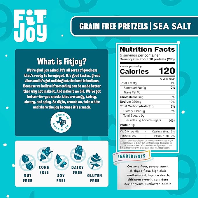 FitJoy Sea Salt Pretzels (Pack of 6, 5 Oz) - Dairy, Nut & Gluten Free Snacks - Grain Free Cassava