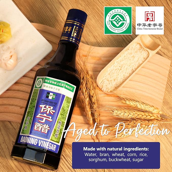 NPG Baoning Vinegar 16.9 Fl Oz, Barrel Aged Black Rice Vinegar, Authentic from Sichuan, Artisan