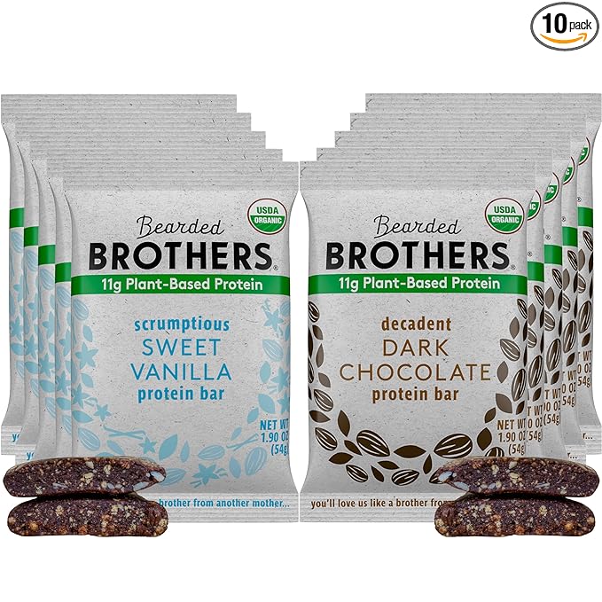 Bearded Brothers Organic Protein Bars, Dark Chocolate and Vanilla (10 Pack) - Plant Based Protein