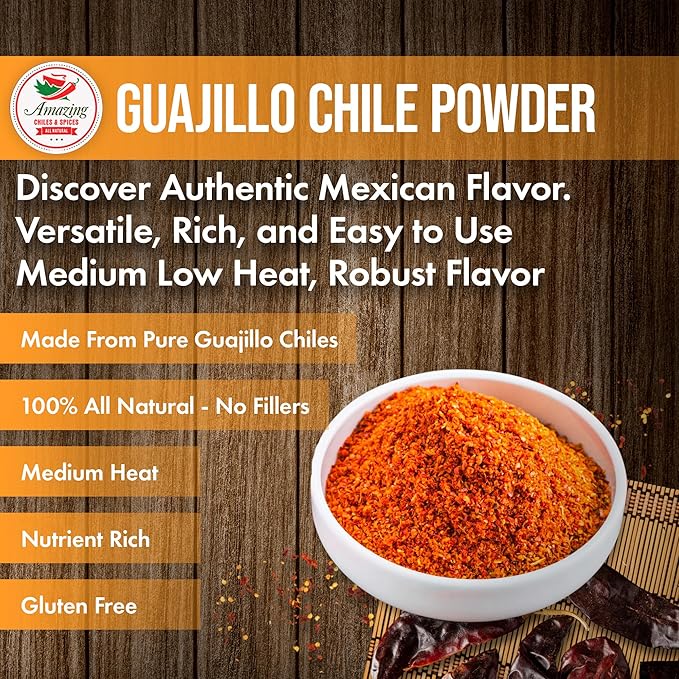 Guajillo Chile Powder Ground 1LB (16oz) – Natural and Premium. Great For Chili, Sauces, Stews