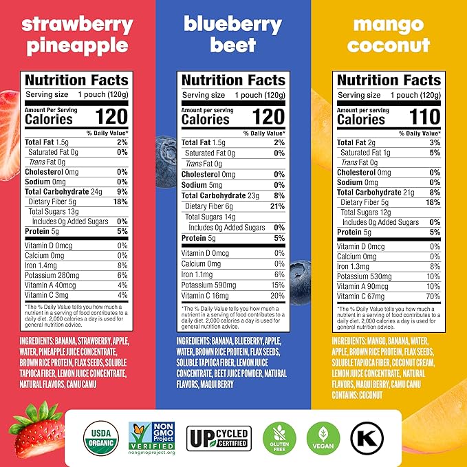 Noka Superfood Fruit Smoothie Pouches Variety Pack, Healthy Snacks with Flax Seed, Plant Protein