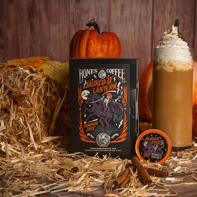 Bones Coffee Company Jacked 'O' Lantern, Pumpkin Spice Flavored Coffee Pods, Low Acid Medium Roast