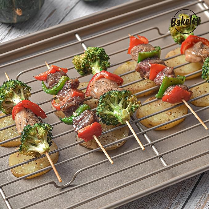 13-inch Baking Sheet Pan with Rack, Non-Stick Rectangular Shallow Dish Sheet Pan with Wire Rack for
