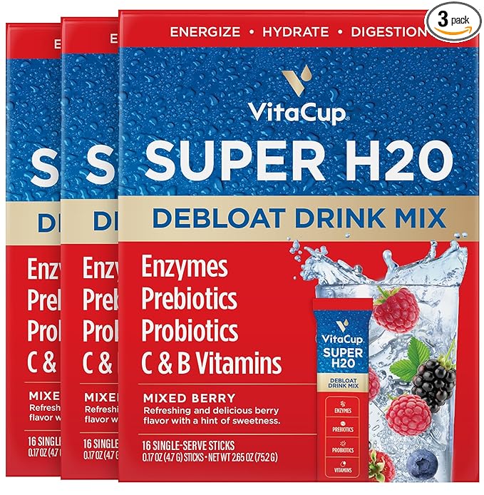 VitaCup Super H2O Bloating Relief and Digestive Health Drink Mix Packets, Probiotics, Prebiotics, C