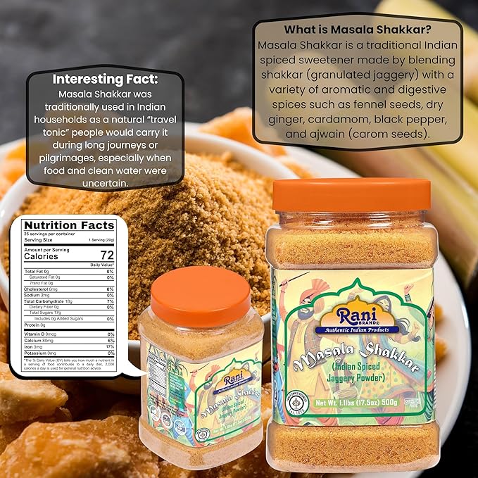 Rani Masala Shakkar (Indian Spiced Jaggery Powder) Unrefined Raw Cane Sugar 17.5oz (1.1lbs) 500g