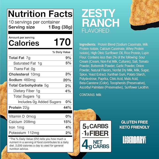 Legendary Foods Zesty Ranch Protein Chips – Popped Tortilla Style – 22g High Protein, 4g Net Carbs