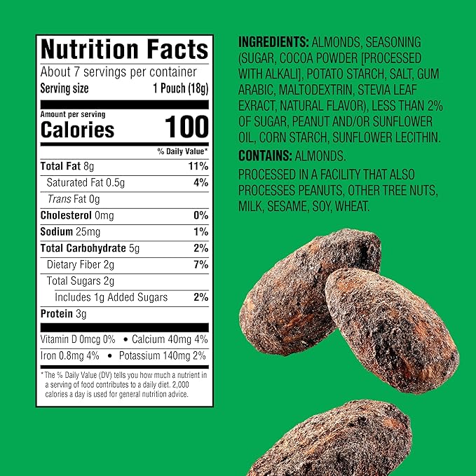 Emerald Nuts Cocoa Roast Almonds 7 Ct (1-Pack), 100-Calorie Individual Packs, Kosher Certified