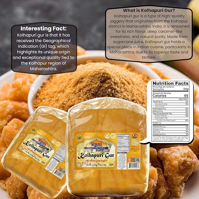 Rani Kolhapuri Gur (Jaggery) 70oz (4.4lbs) 2kg ~ Unrefined Cane Sugar, No Color added, Gluten