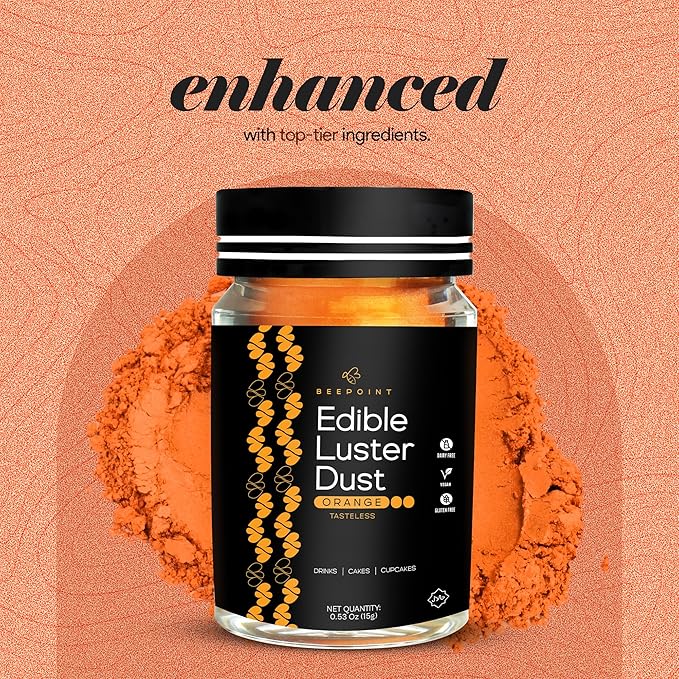 BeePoint Orange Edible Luster Dust 15g - Food Grade, Vibrant Color Shimmer Powdered Dust for