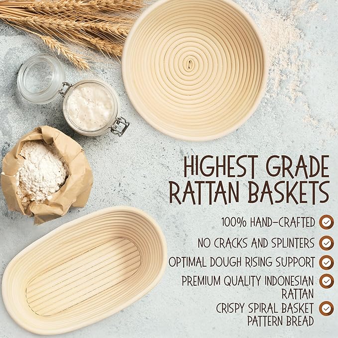 Superbaking Sourdough Proofing Basket Gift Set, Round 9" & Oval 10" Banneton, Sourdough Starter