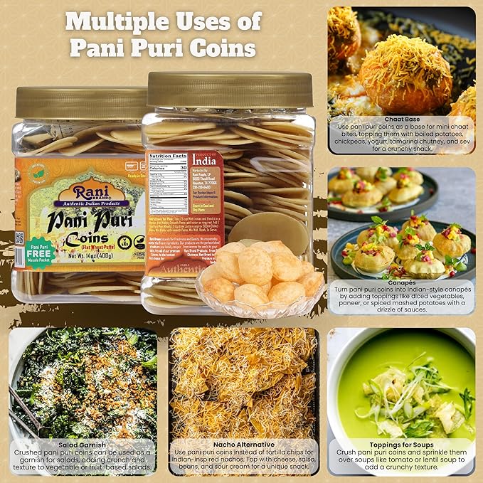Rani Pani Puri Coins (Uncooked, Microwaveable Wheat Semolina Coins) 14oz (400g) w/Pani Puri Masala