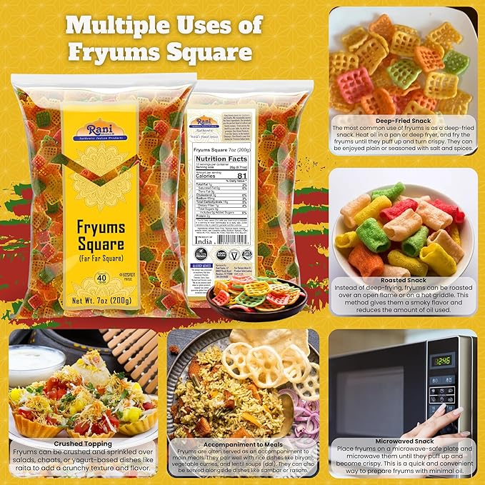 Rani Far Far / Fryums (Wheat & Tapioca Pellet) Square Shape 7oz (200g) ~ Vegan, Kosher, Uncooked