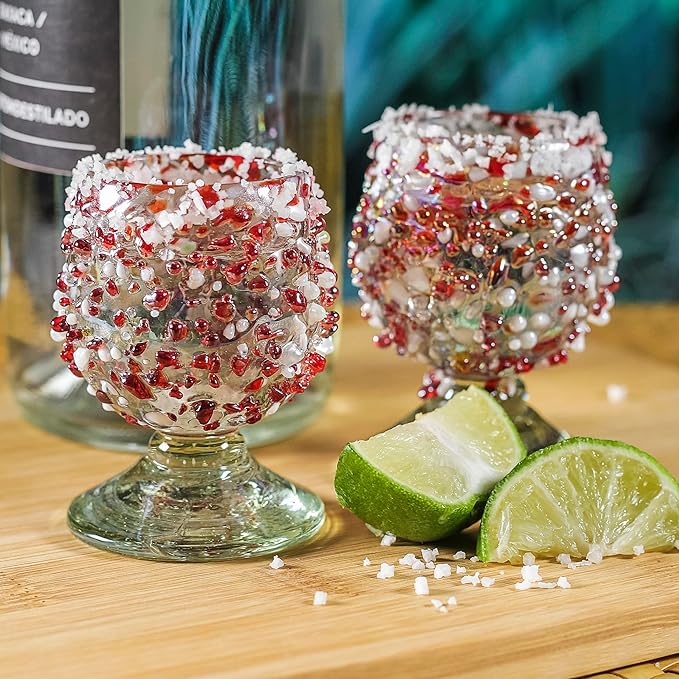 Authentic Mexican Tequila Shot Glasses (Set of 4) - Hand Blown 2oz Mini Snifters - Festive Red &