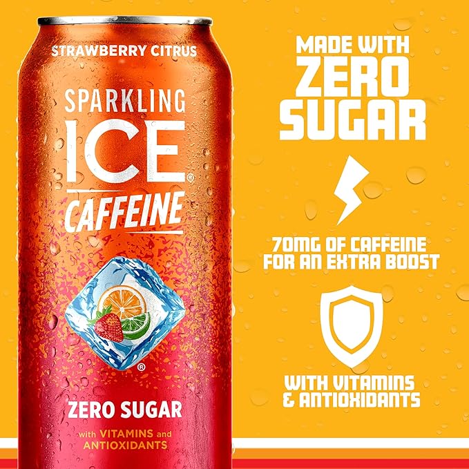 Sparkling Ice Caffeine Strawberry Citrus Sparkling Water with Caffeine, Zero Sugar, with
