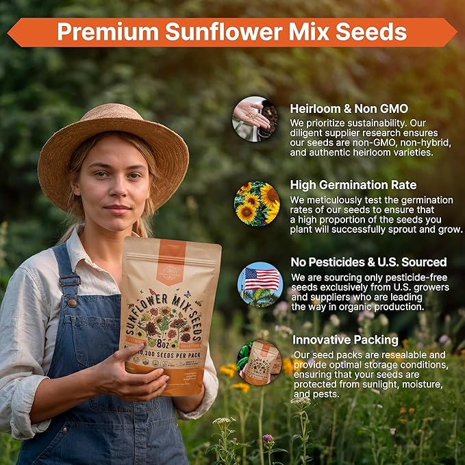 Sunflower Mix Seeds Pack 8 oz - Over 10,300 Non-GMO Heirloom Sunflower Seeds for Planting, Annual