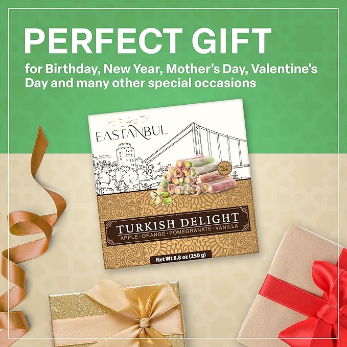 Eastanbul Turkish Delight, 8.8oz, Turkish Delights Candy Sticks Pistachio Filled w/ 4 Flavors: