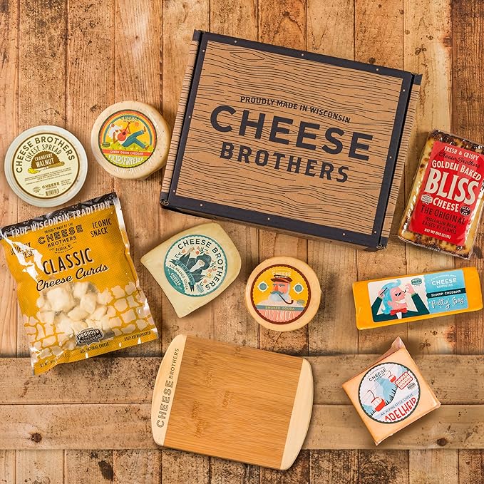 Cheese Bros Family Fest Gift Box with 8 Inch Cutting Board | Fresh from Wisconsin | Includes Baked
