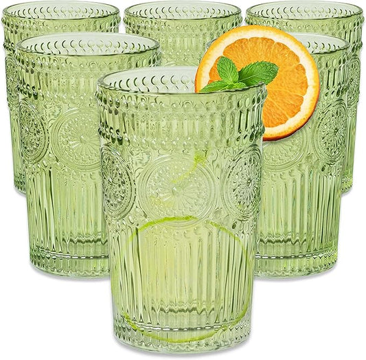 Kate Aspen Vintage Ribbed Green Drinking Glasses, Set of 6 (13oz)