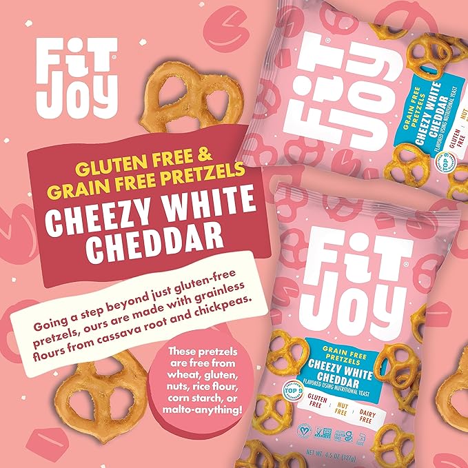 FitJoy White Cheddar Pretzels (Pack of 6, 4.5 Oz) - Dairy, Nut & Gluten Free Snacks - Grain Free