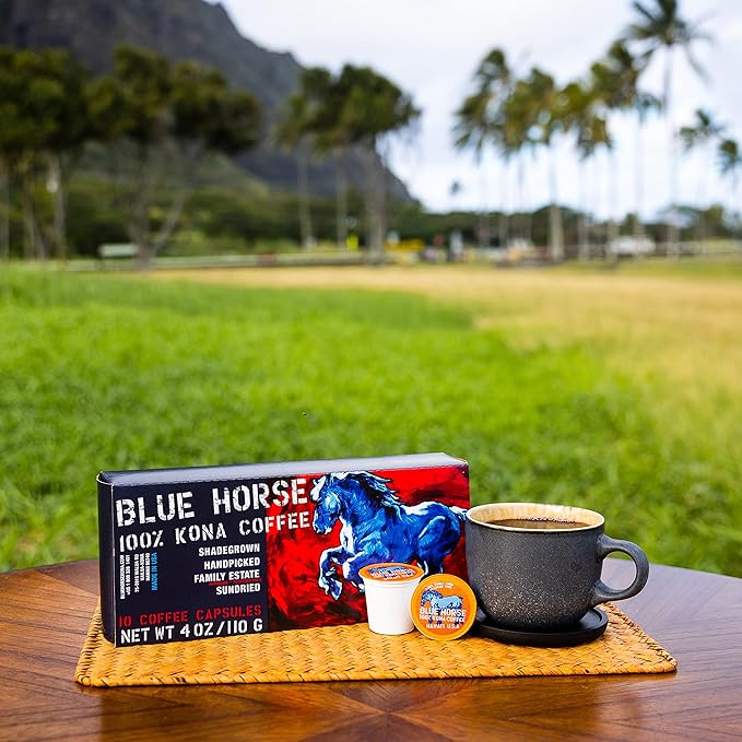Blue Horse 100% Kona Coffee Pods, Medium Roast, 10ct Single Serve, Compatible with K Cups 2.0, Farm