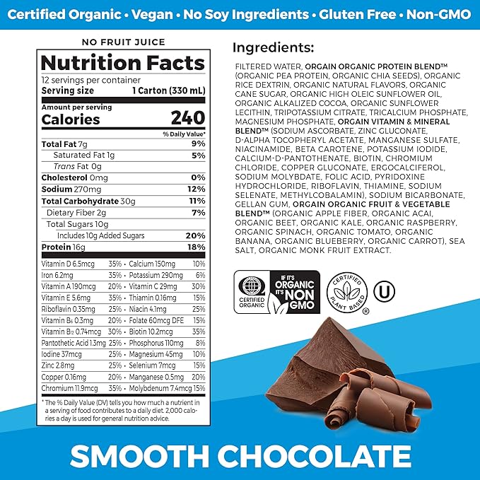 Orgain Organic Nutritional Vegan Protein Shake, Smooth Chocolate - 16g Plant Based Protein, Meal