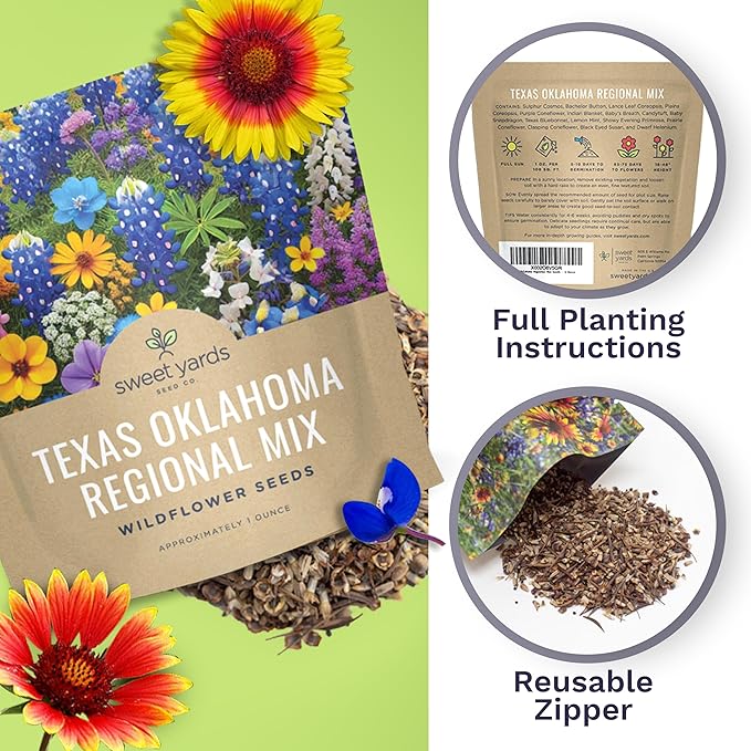 Texas Oklahoma Wildflower Seeds Mixture - Bulk 1 Ounce Packet - Over 15,000 Native Seeds - Open