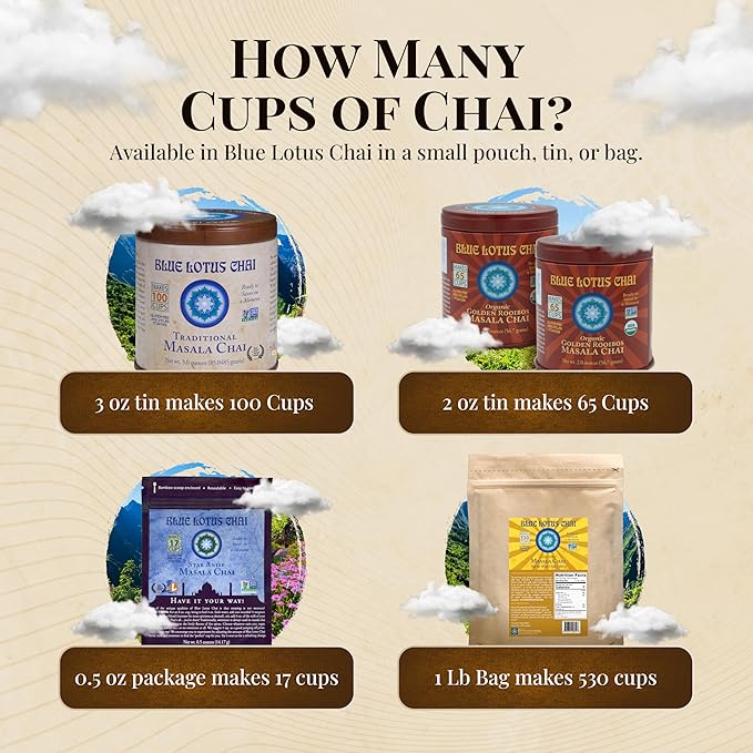 Blue Lotus Chai - Golden Rooibos Flavor Masala Chai - Makes 65 Cups - 2 Ounce Masala Spiced Chai