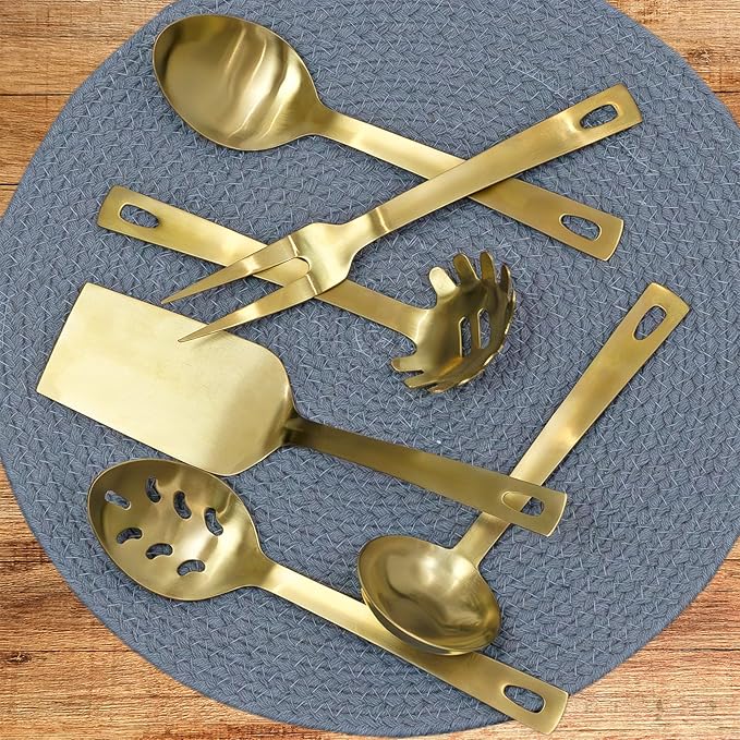 Darware Complete Serving Spoon & Utensil Set (6-Piece Set, Gold); w/Pasta Server, Fork, Spoon