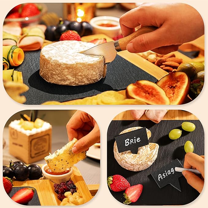 Easoger Large Bamboo Charcuterie Boards, Cheese Platter with 2 Drawers, Serving Knife, 2 Ceramic