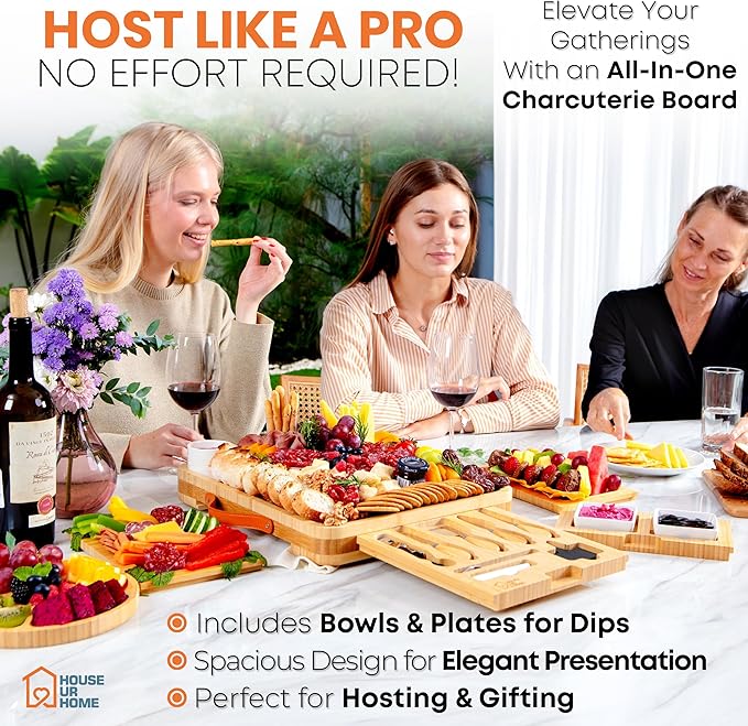 Large Bamboo Charcuterie Boards Gift Set with 4 Hidden Drawers, Cheese Knives, Ceramic Bowls &
