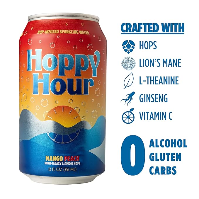 Hoppy Hour Sparkling Hop Water, Non-Alcoholic and Adaptogens Drink, Zero Sugar and Calories, Tasty